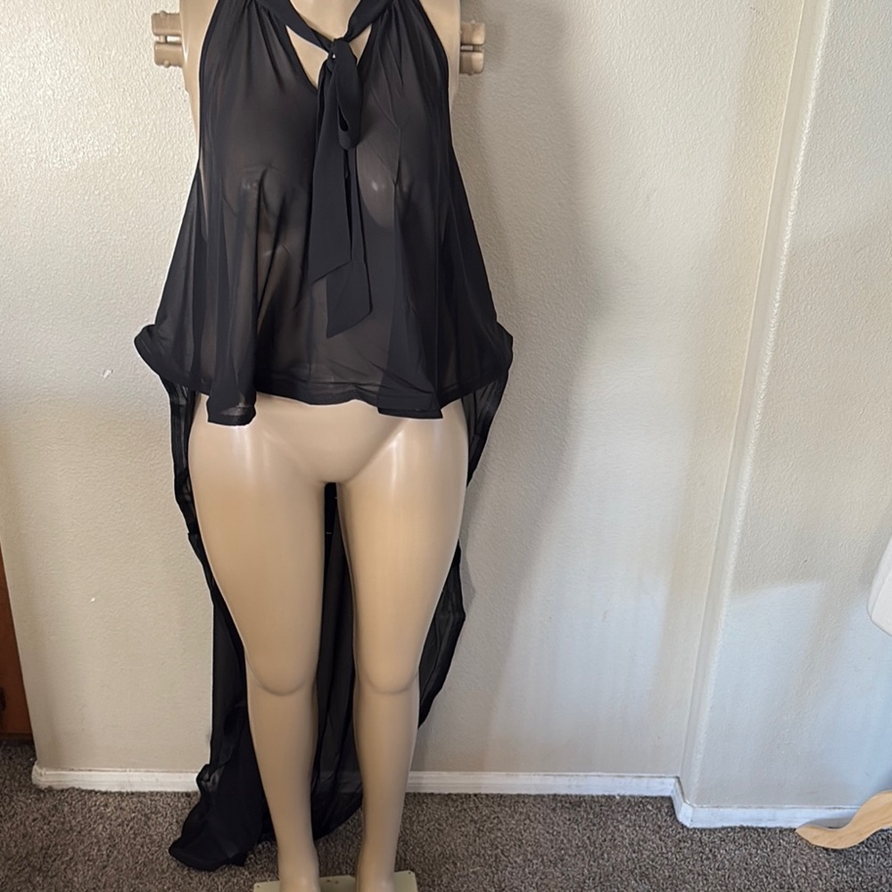 Black Asymmetrical Sleeveless Blouse with Tie Front